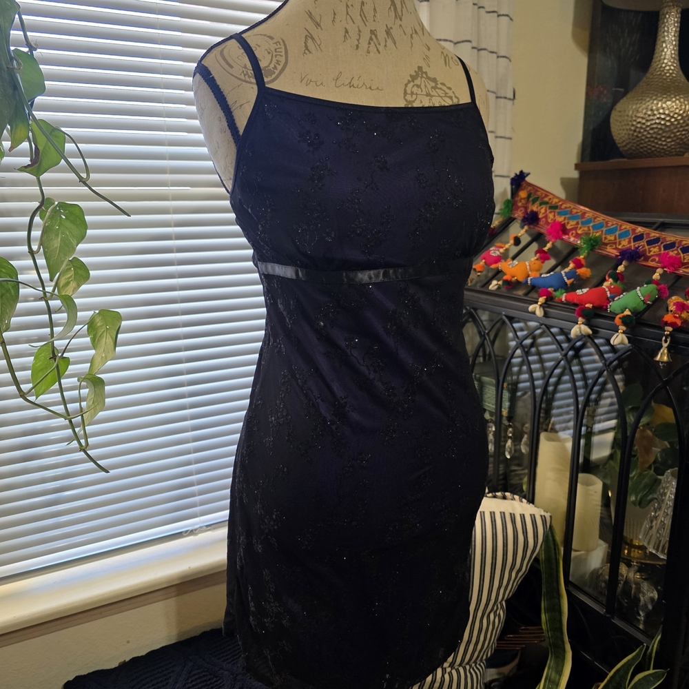 Vintage Y2K Beaded Sequins Floral Black And Purple Goth Mini Dress